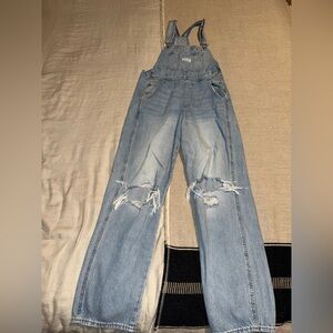 Distressed Light Blue Denim Overalls